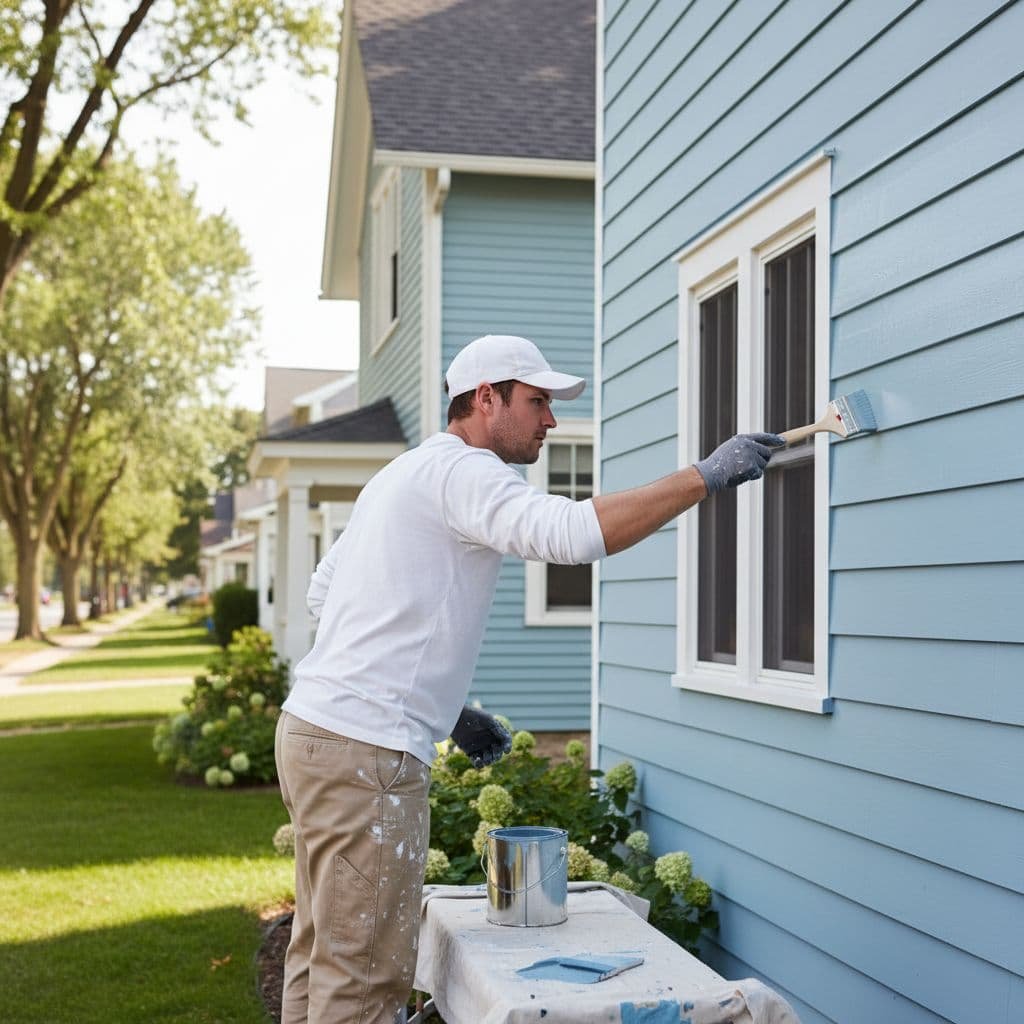 A professional painter applies paint to the wooden siding of a residential suburban home.