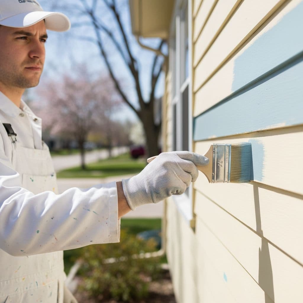 Exterior House Painting Cost in Richfield for 2026 2 A painter in white overalls applies fresh paint to wooden siding on a bright spring day.