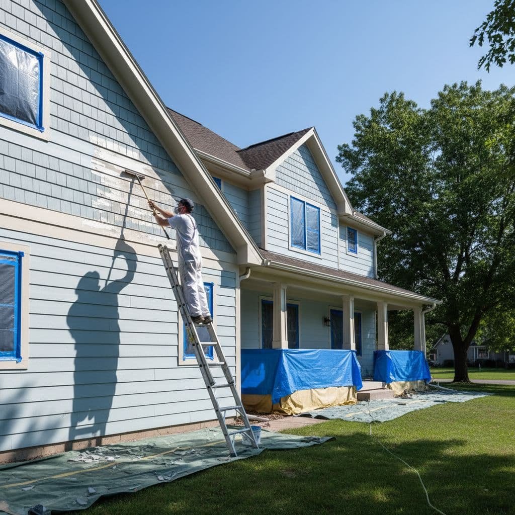 Exterior House Painting Cost in Rosemount for 2026 2 A professional painter uses a scraper to remove paint from wooden siding on a suburban home.