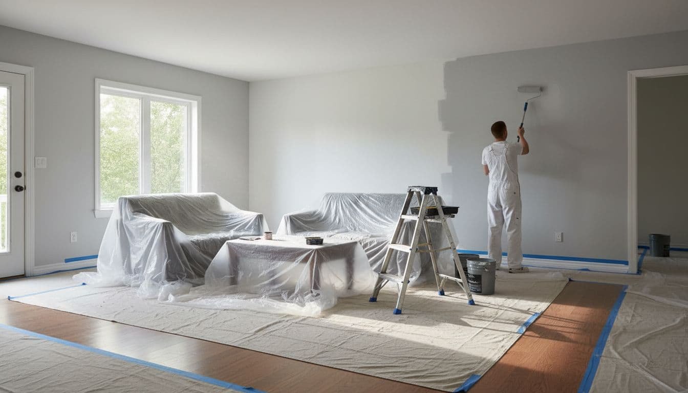 A paint roller applies fresh paint to a wall in a bright, organized residential room.
