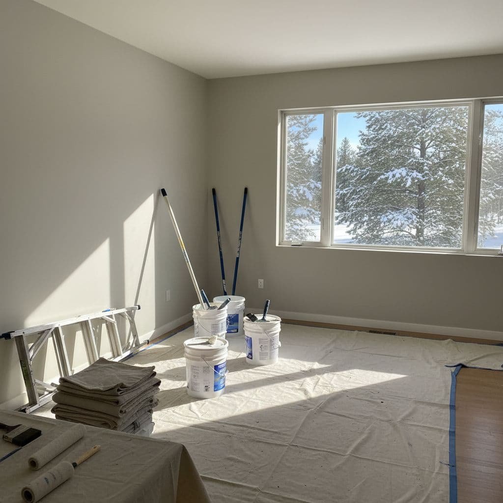 A sunlit, minimalist living room features freshly painted neutral walls and professional equipment stored neatly aside.