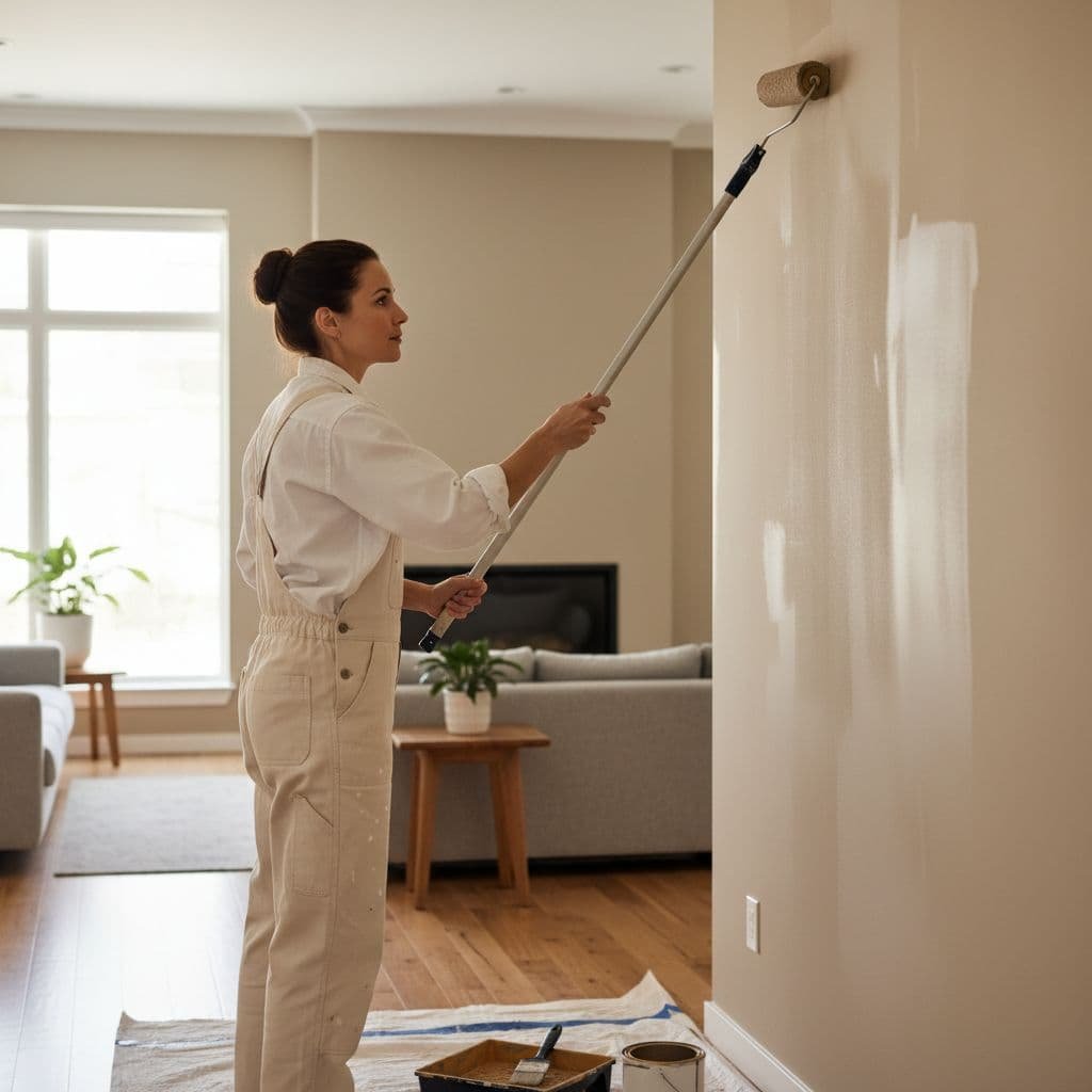A skilled painter in neat work attire uses a roller to apply smooth neutral paint to a residential wall. Soft natural light illuminates the clean space, highlighting the professional application technique.