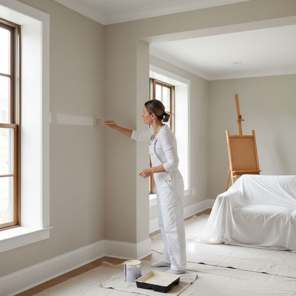 A professional painter uses a brush to carefully paint the corner of a modern living room wall.