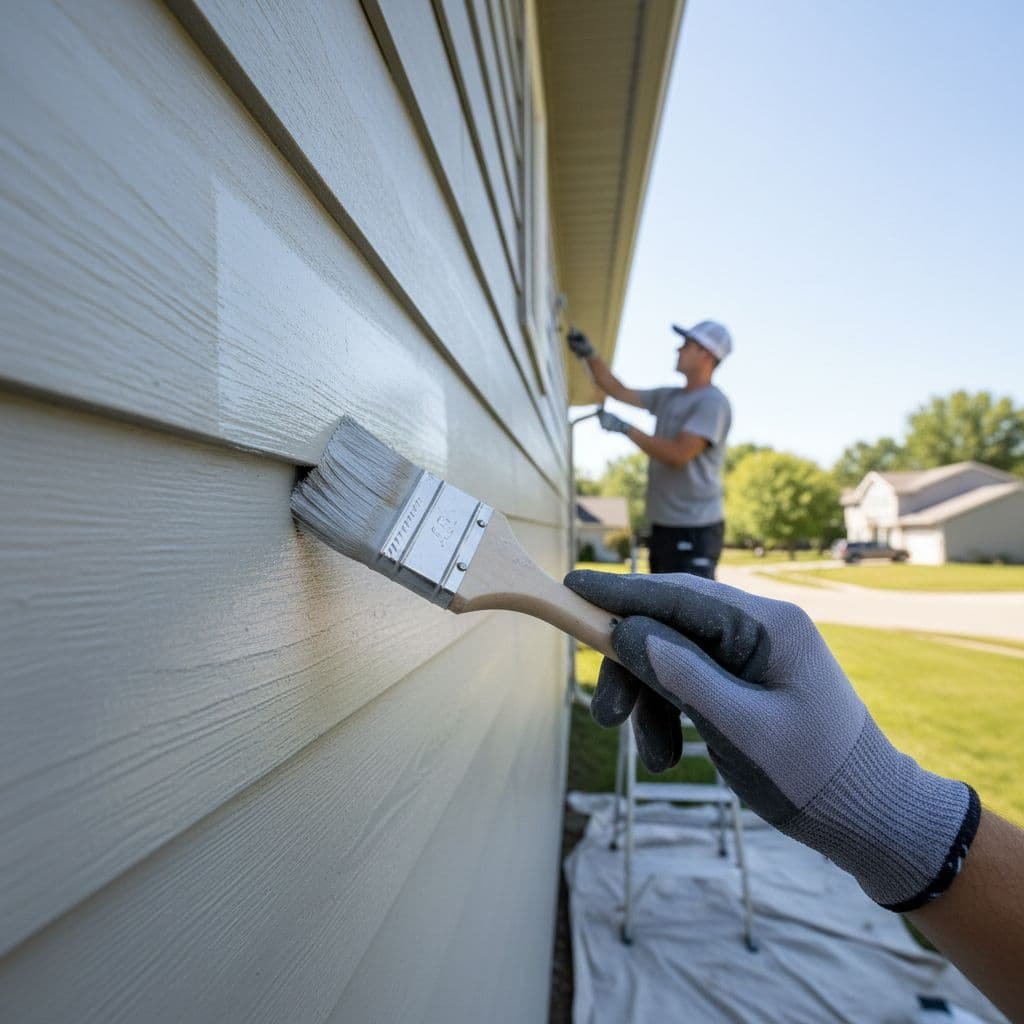 A worker carefully uses a brush to paint the exterior siding of a residential home.