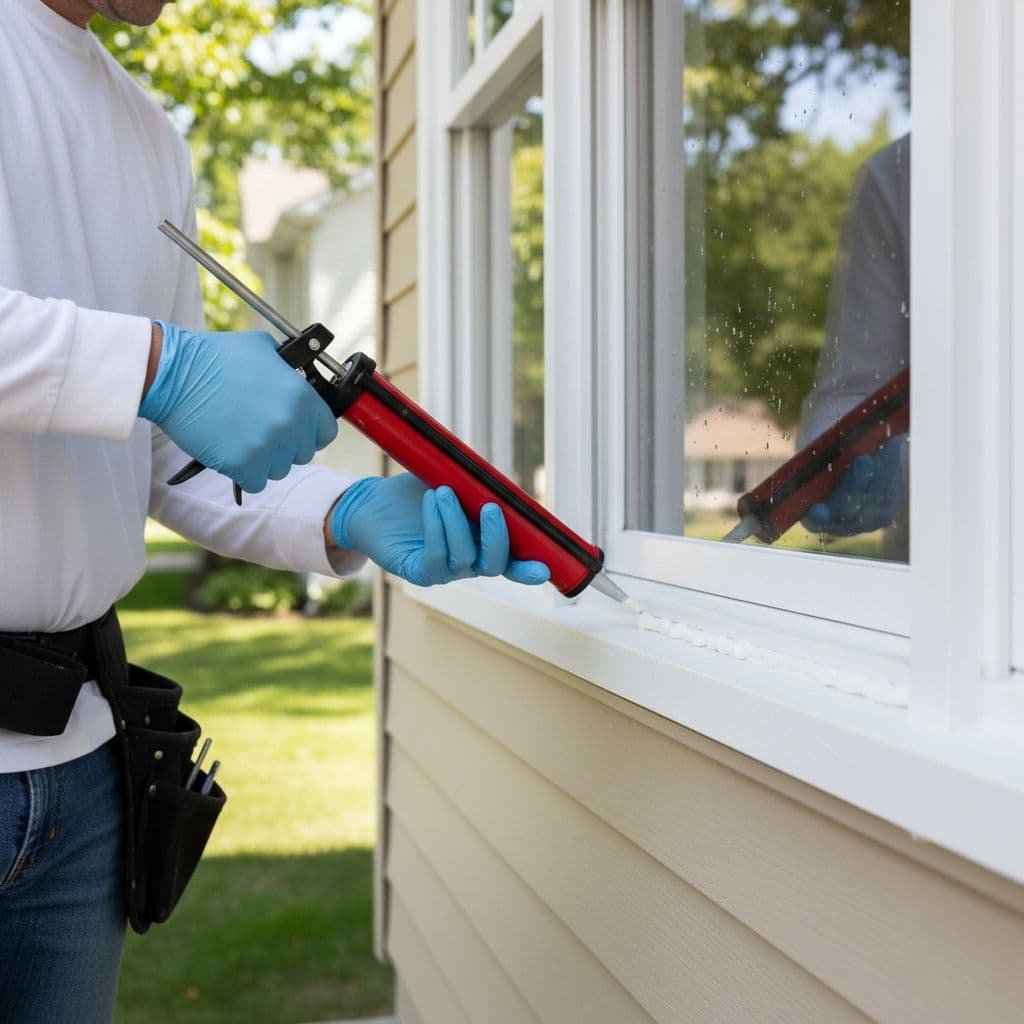 How Caulking Changes Exterior Painting Cost in Minneapolis in 2026 2 House painter uses caulk gun to seal around clean white window frame.