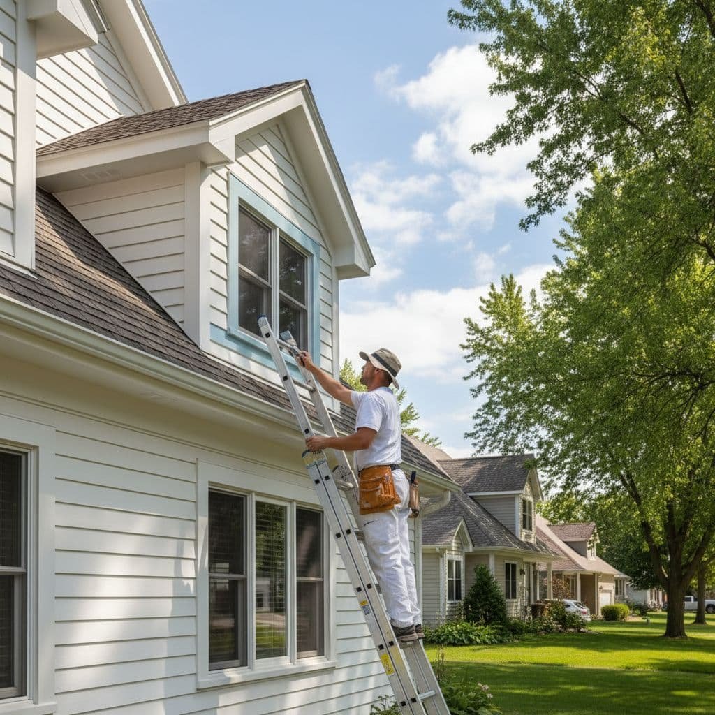 A professional painter works on the siding and trim of a residential home dormer window.