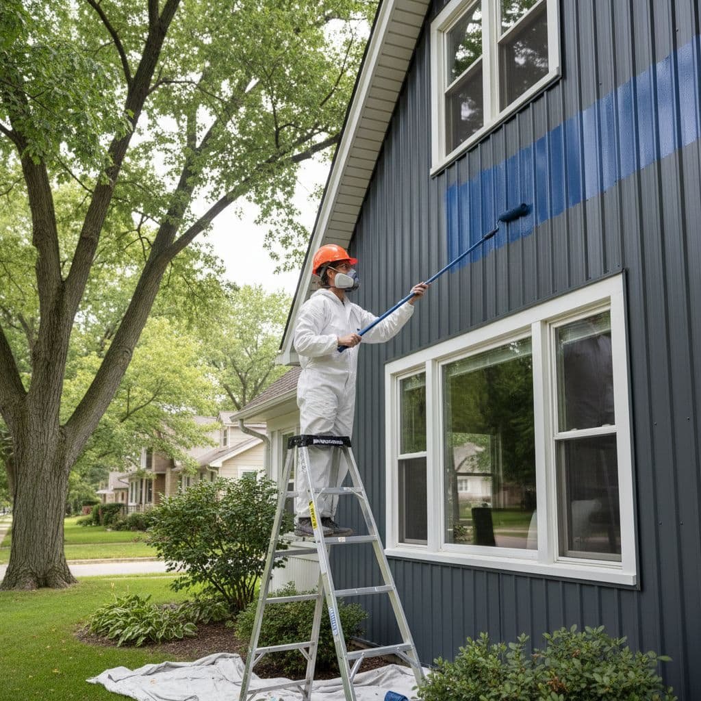Cost to Paint Steel Siding in Minneapolis in 2026 2 A worker in safety gear paints the steel exterior of a residential home in a quiet neighborhood.