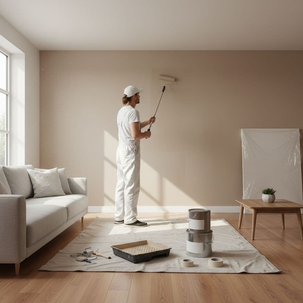 Professional painter rolls neutral paint on living room wall under natural daylight.