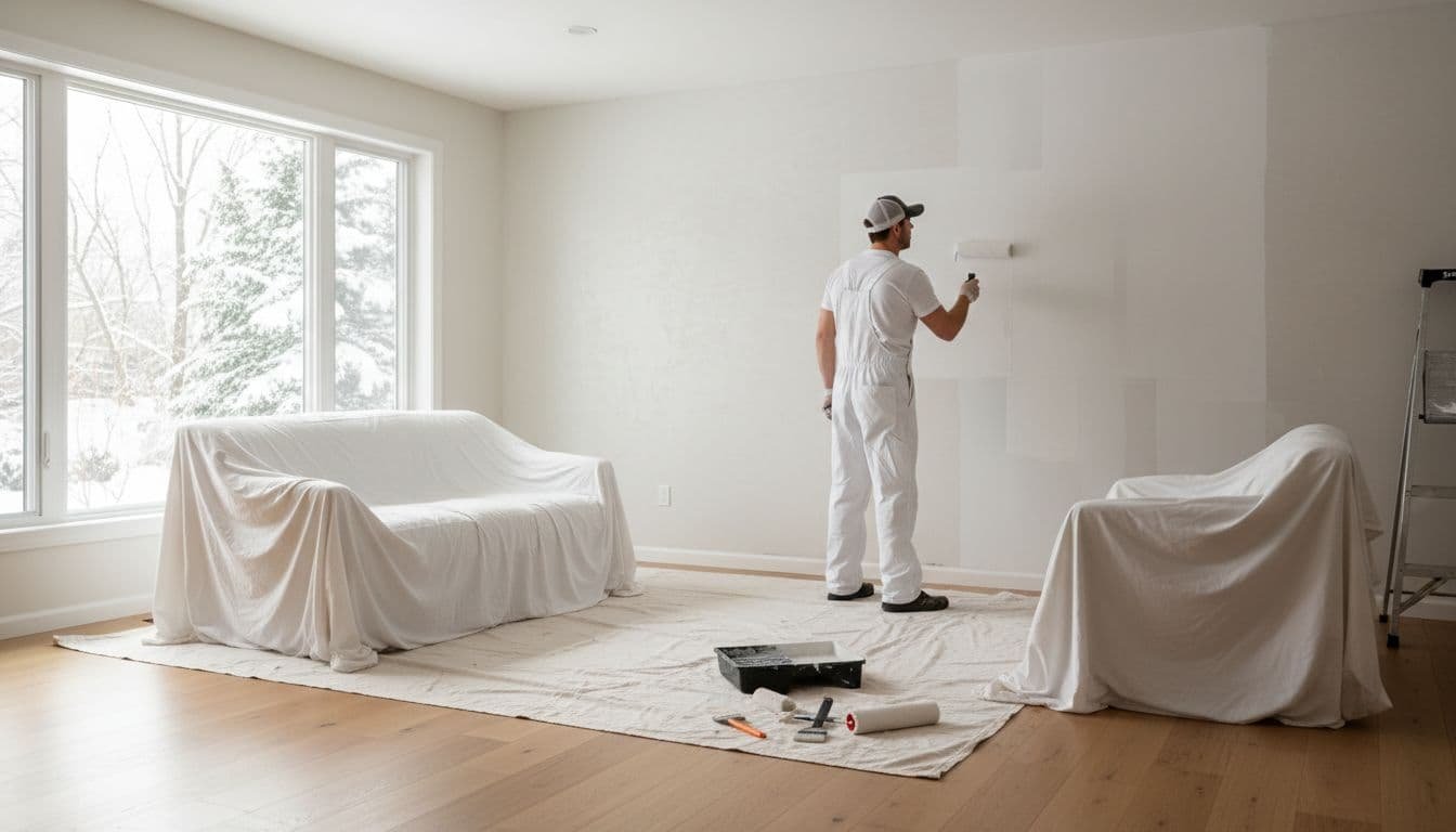 Painter rolls fresh white paint on living room wall, furniture covered by drop cloths, natural daylight from window.