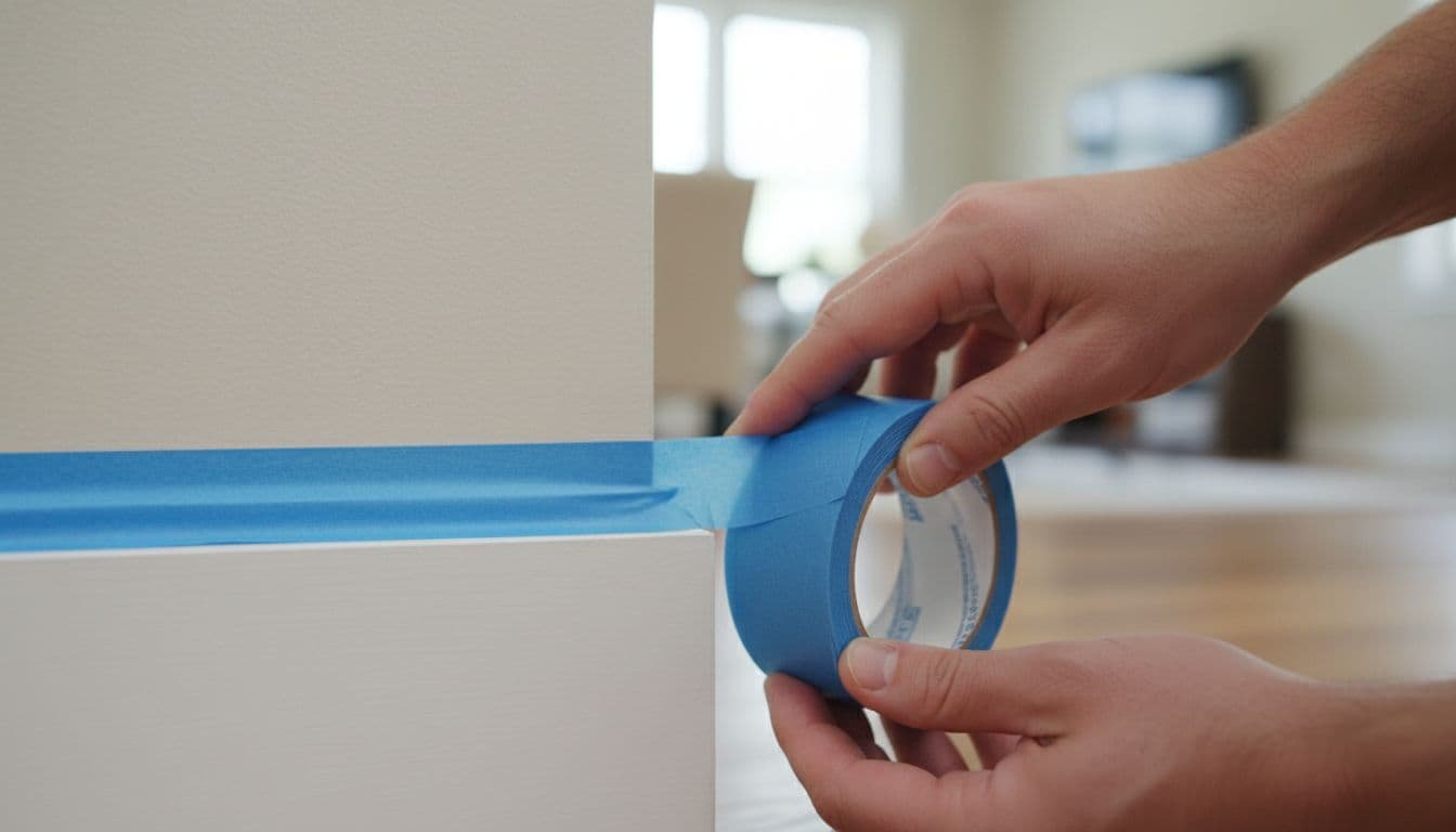 A worker carefully applies painter's tape to a wooden baseboard for a precise paint line.