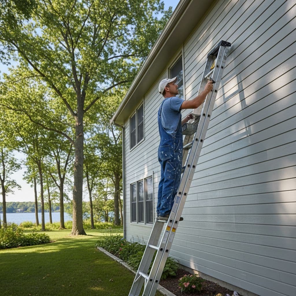 A professional painter uses a brush to apply paint to wood siding while standing on a ladder.