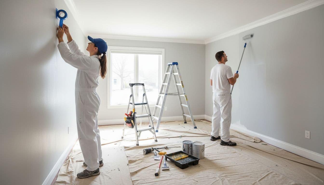 Two painters inside a home: one tapes edges, the other rolls paint on walls amid drop cloths, ladders, and organized tools.