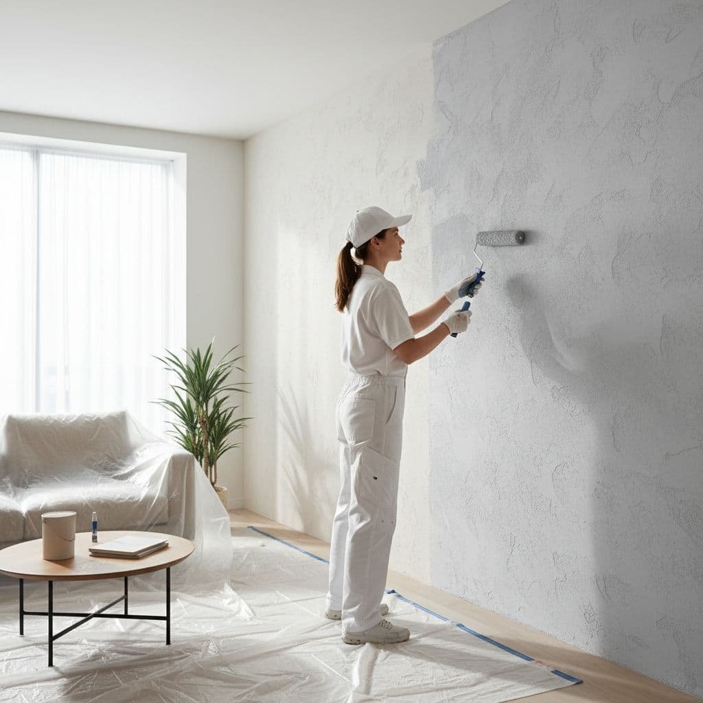 A professional painter uses a roller to apply fresh paint to a textured living room wall.
