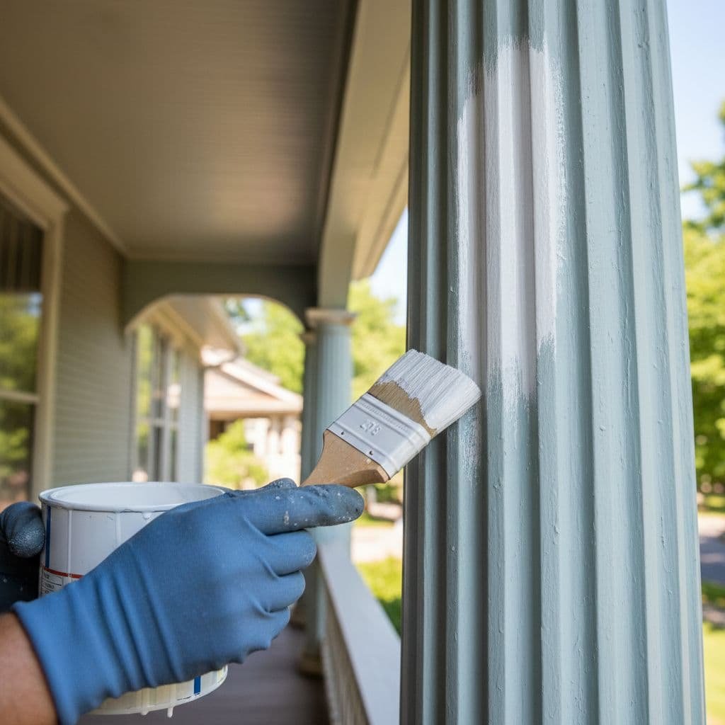 A painter uses a brush to apply white paint to a wooden porch column on a sunny day.
