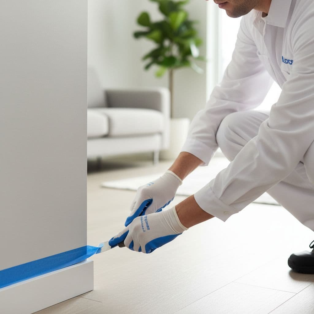 A focused painter in a clean uniform carefully applies blue masking tape to the wooden trim of a bright residential wall. Natural light highlights the precise hand movements and texture.