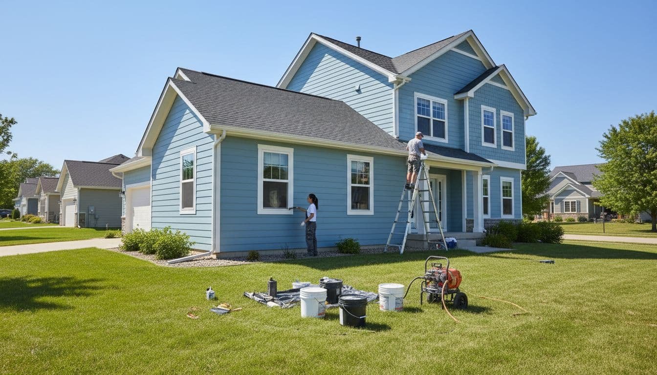 Exterior Painting Cost in Shakopee: 2026 Price Guide 2 Two professional painters apply fresh exterior paint to a two-story suburban house on a clear summer day.