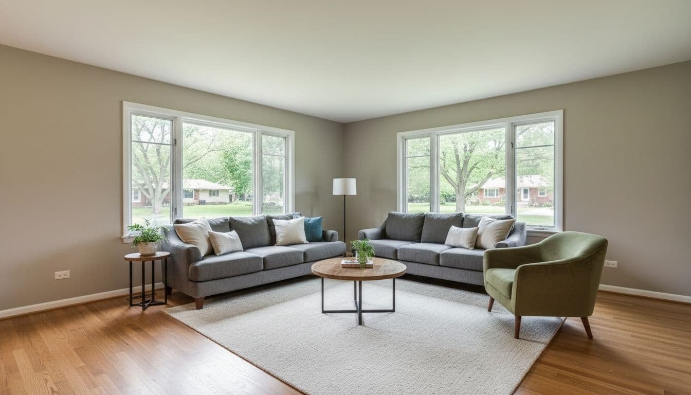 Living room with neutral walls, wooden floors, sofa, armchair, and large windows to suburban yard.