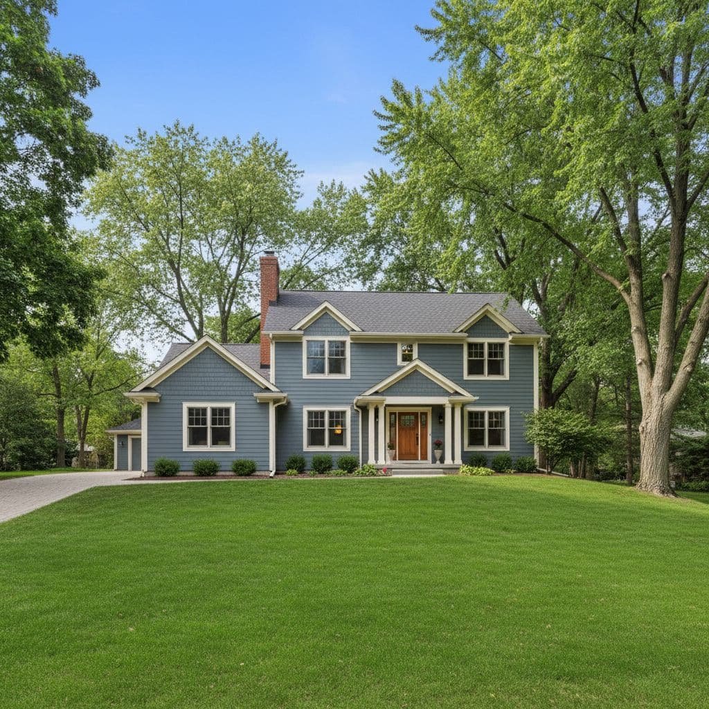 A charming suburban house in Minnesota features a fresh coat of paint and a neatly manicured lawn.