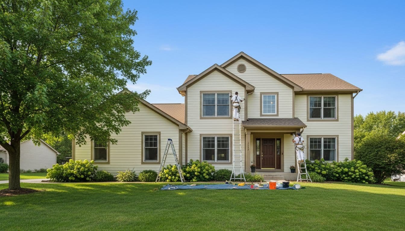Two painters on ladders apply fresh neutral paint to a two-story suburban house with green lawn and blue sky.