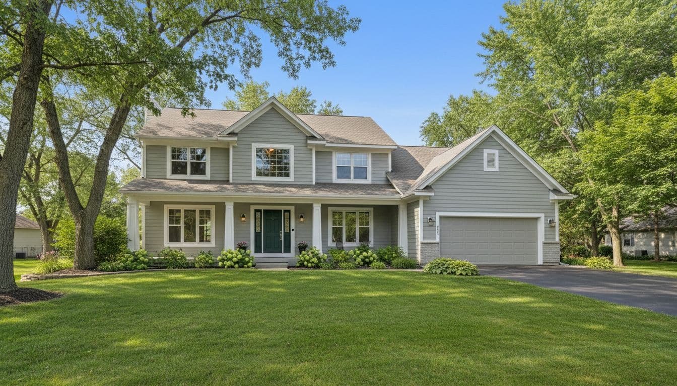 A clean suburban home with fresh paint, lush green lawn, and mature trees under a clear sky.