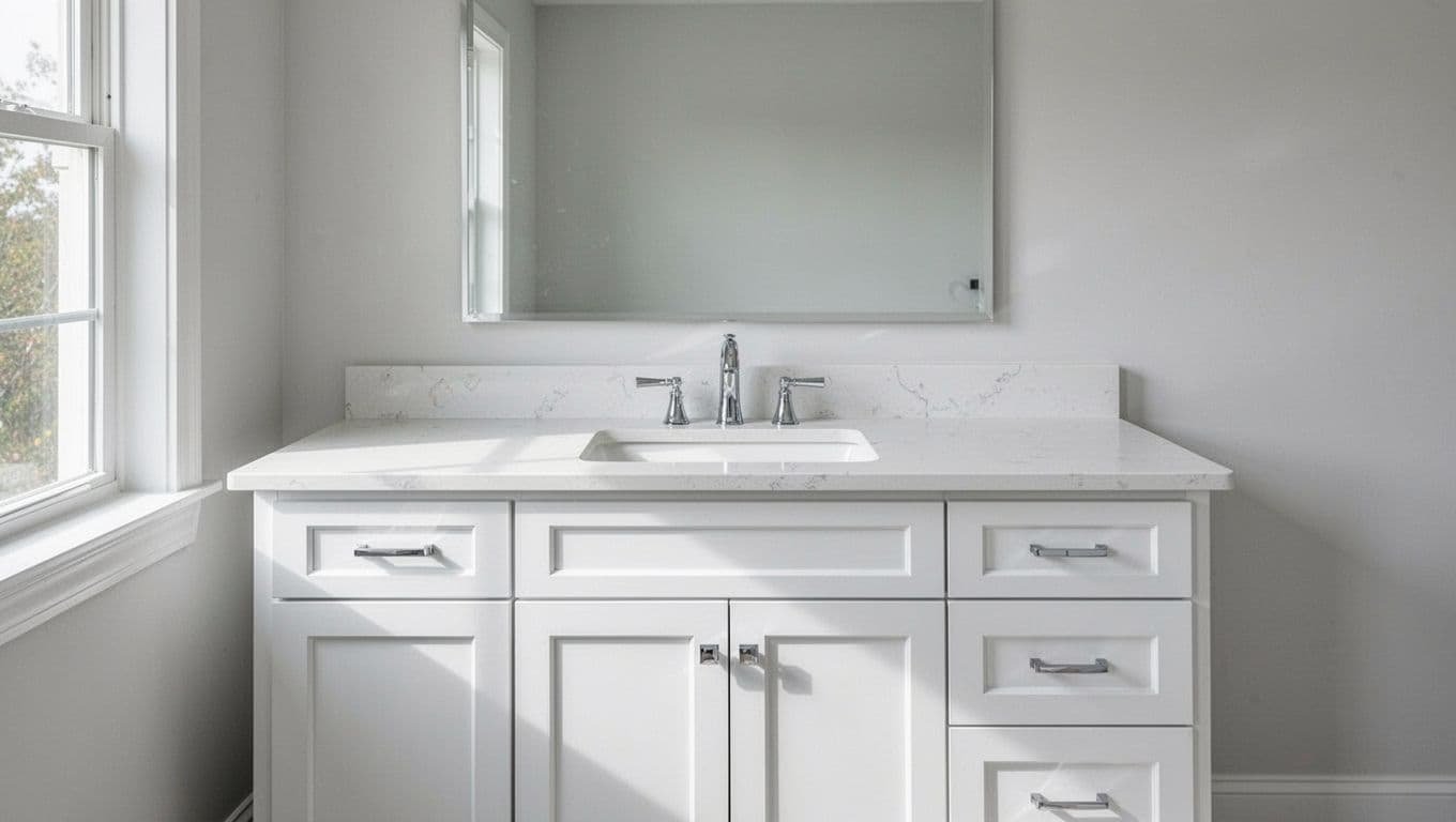 Modern bathroom vanity with white cabinets, quartz countertop, mirror above, and natural window light.