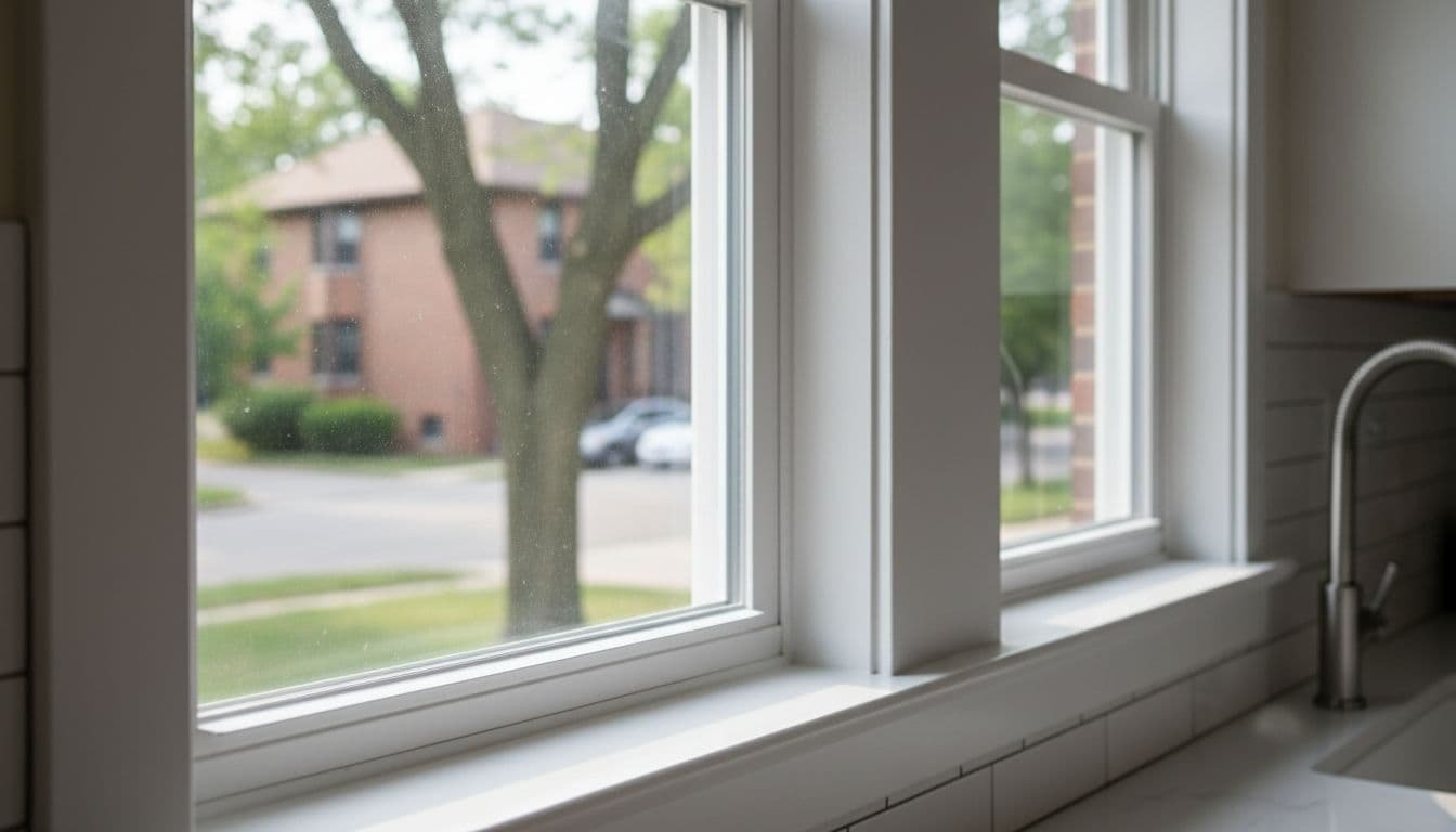 White wood interior windows with clean sills and frames in bright Minneapolis kitchen, morning light through glass.