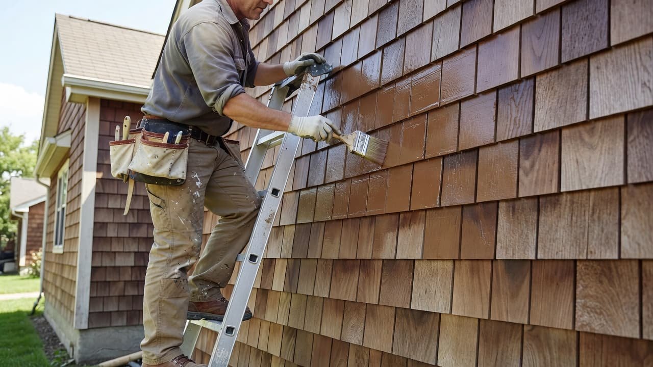 Cedar Shake Painting Cost in Minneapolis for 2026 2 A skilled worker uses a brush to apply fresh paint onto the textured brown cedar shake siding of a residential home. Bright natural light highlights the wood grain and brushwork.