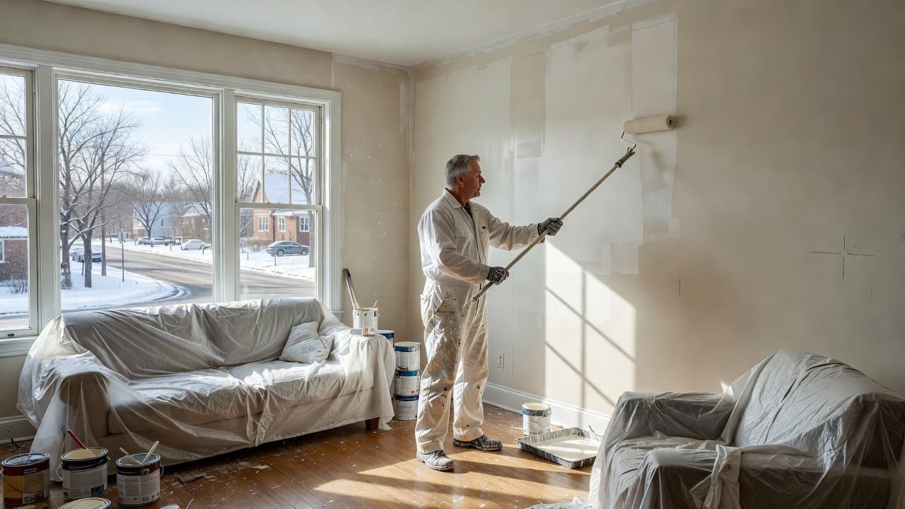 Minneapolis House Repaint Cost Before Move-In 2 A focused painter dressed in white overalls uses a paint roller to apply fresh paint to a living room wall. Bright daylight illuminates the room, highlighting the professional painting technique used.