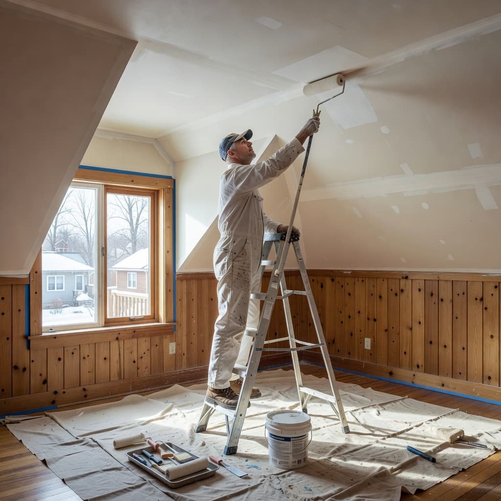 An interior painter applies fresh paint to the angled walls of a cozy finished attic. Neatly placed drop cloths, blue painter tape, and professional rollers define the workspace under dormer lighting.