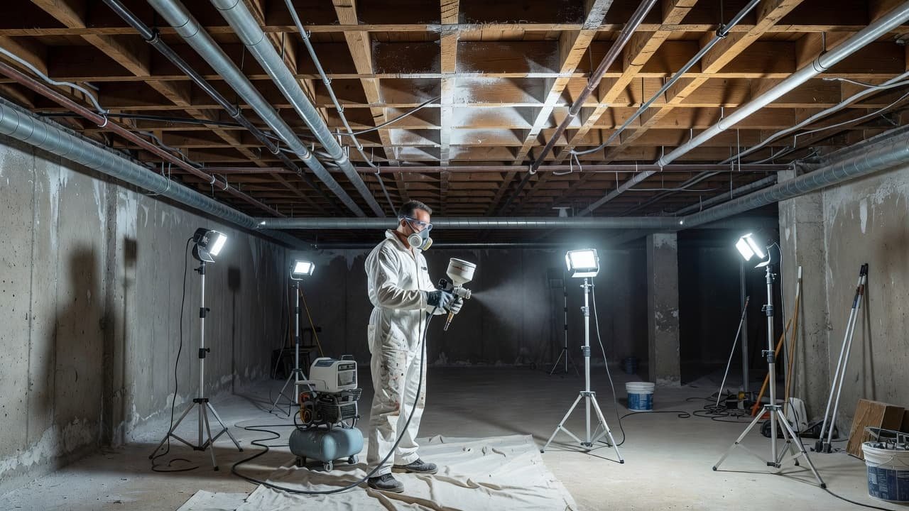 Minneapolis Basement Ceiling Painting Cost in 2026 2 A worker in protective gear uses a professional airless sprayer to coat dark exposed joists and pipes with white paint. Bright lights illuminate the workspace during this professional home renovation project.