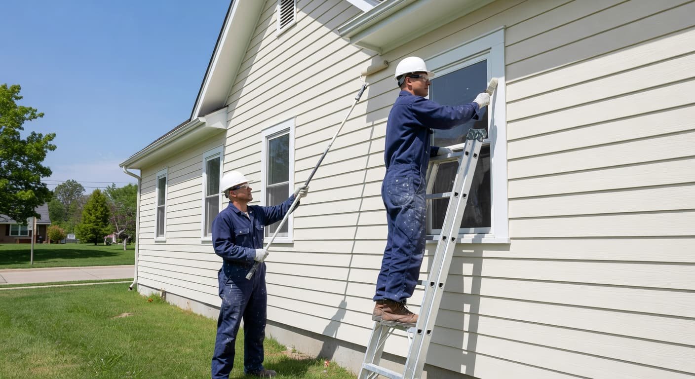 Two skilled contractors in uniform carefully brush premium paint onto residential siding under a clear blue Minnesota sky. The pair focuses on precise application to ensure a smooth, durable finish.