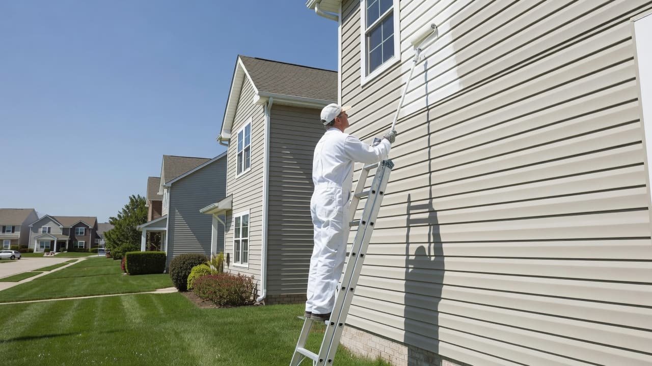 Best Time to Paint Exterior in Minneapolis 1 A professional painter in white overalls stands on a ladder using a roller to apply paint to suburban house siding. Bright sunlight illuminates the clean, well-maintained exterior of the home.