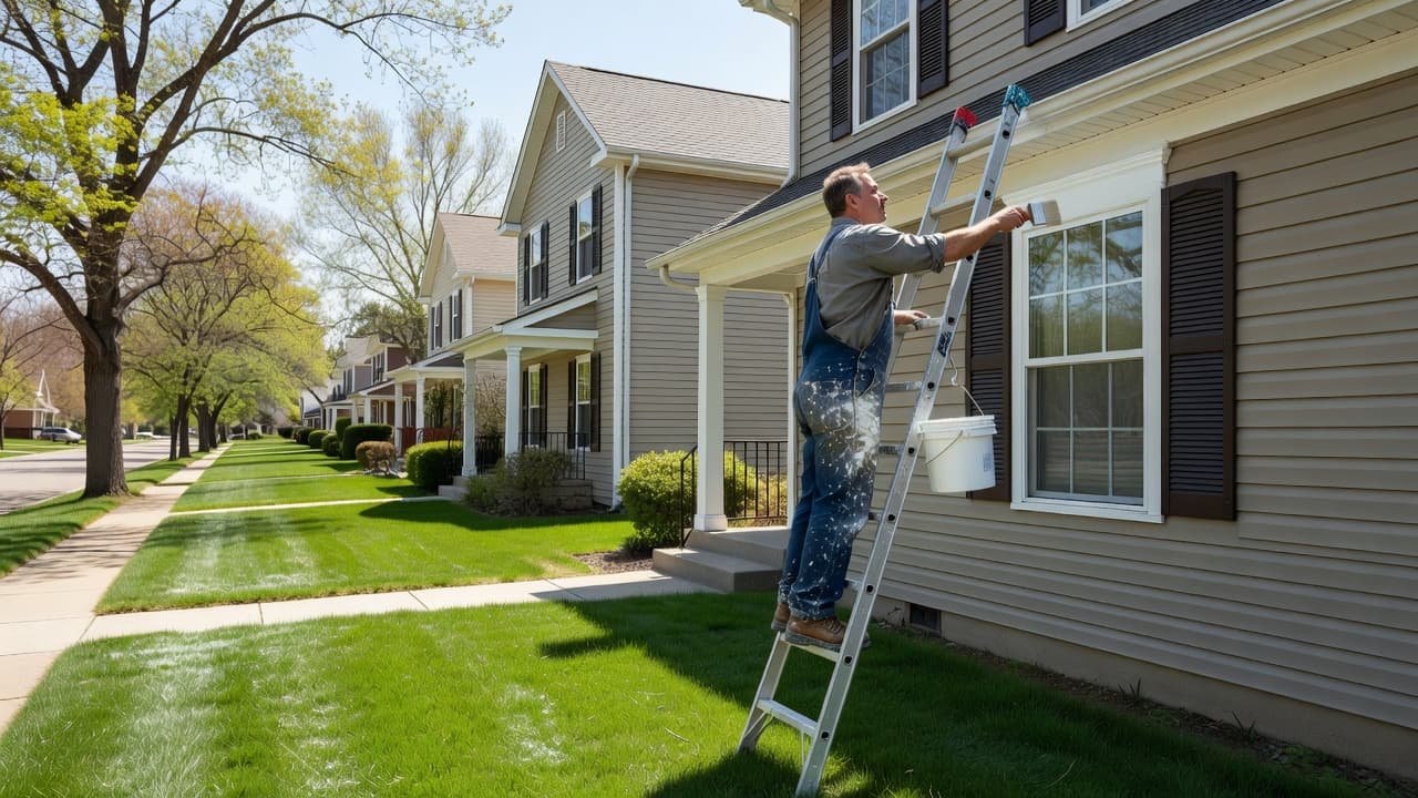 White Bear Lake Exterior House Painting Cost for 2026 2 A focused tradesman in protective workwear stands atop a sturdy ladder, carefully painting the white trim of a suburban home. Lush green grass and neighboring houses surround the sunny residential lot.