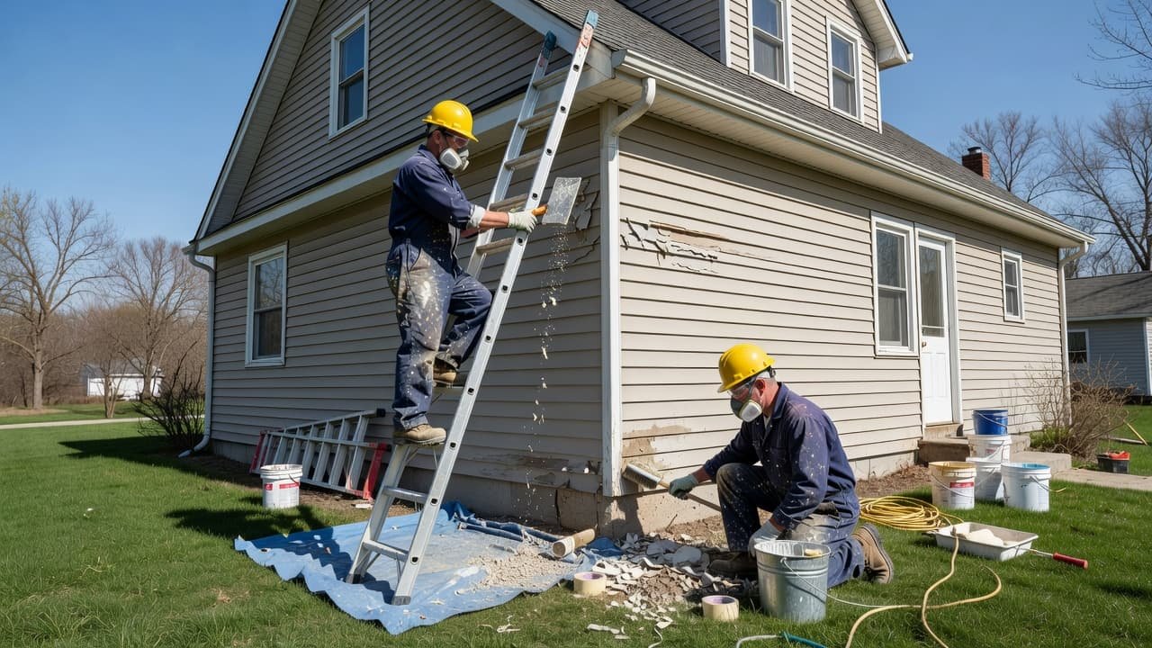 Minneapolis House Repaint Cost Before Move-In 3 Two painters in safety gear prepare a suburban home exterior for painting on a sunny day. Ladders, rollers, and drop cloths are carefully positioned along the siding for efficient work.