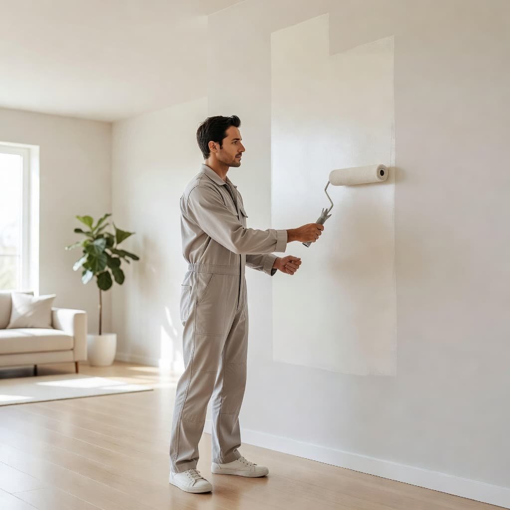 Interior House Painting Cost in Cottage Grove, 2026 2 A focused painter dressed in neat workwear applies smooth white paint to a living room wall using a roller. Sunlight streams into the tidy space, illuminating the clean home interior surroundings.