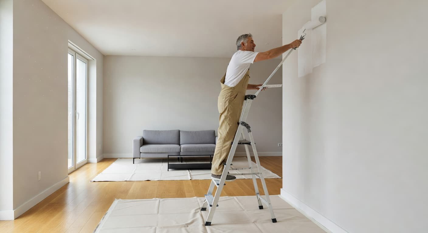 Interior House Painting Cost in Chanhassen for 2026 2 A skilled painter in professional attire carefully applies a fresh coat of white paint to a wall using a roller. Sunlight streams through large windows, illuminating the tidy home interior.