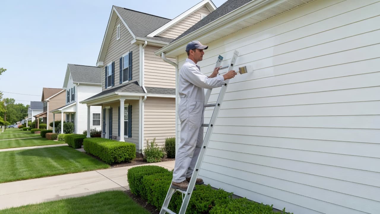 Exterior House Painting Cost in Orono for 2026 2 A focused worker in clean apparel uses a brush to apply fresh paint to the siding of a large two-story suburban home. Lush green lawns and clear blue skies provide background.