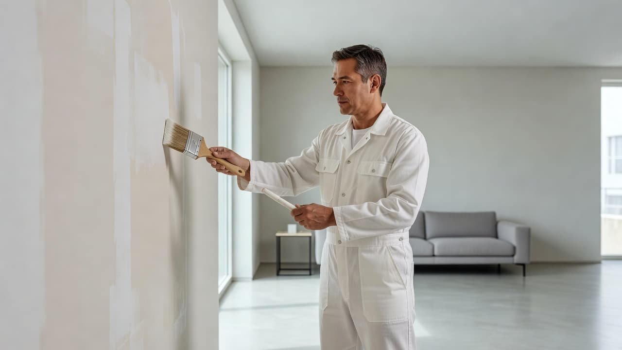 Stillwater Interior House Painting Cost for 2026 2 A focused painter wearing a clean uniform applies paint to a smooth interior wall with a brush. The bright, modern living room remains tidy as the professional executes precise, steady strokes.