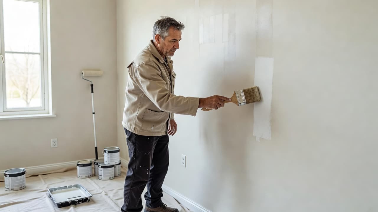 A focused artisan in workwear carefully applies smooth paint to a clean interior wall using a premium brush. Sunlight illuminates the orderly room, highlighting the precise technique and high-quality equipment used.