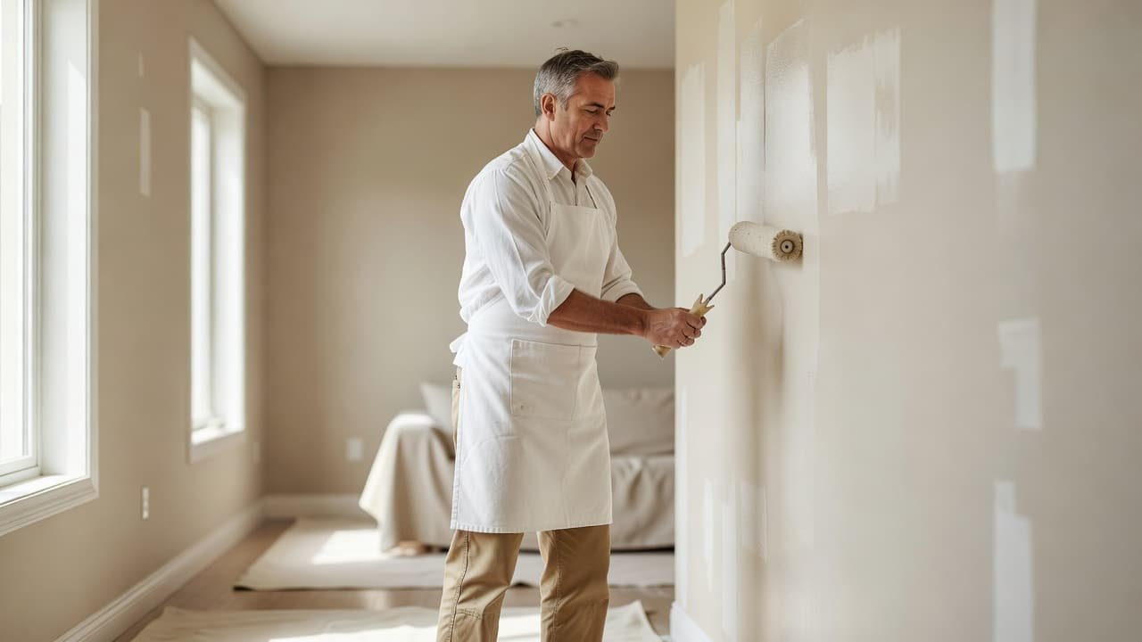A skilled painter in clean white work clothes uses a roller to apply fresh paint to a smooth living room wall, bathed in soft morning light from a nearby window.