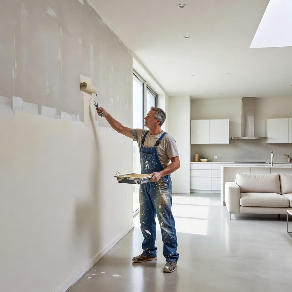 A skilled painter wearing work overalls carefully rolls fresh white paint onto a smooth living room wall. Bright natural daylight streams through large windows, illuminating the tidy modern residential space.