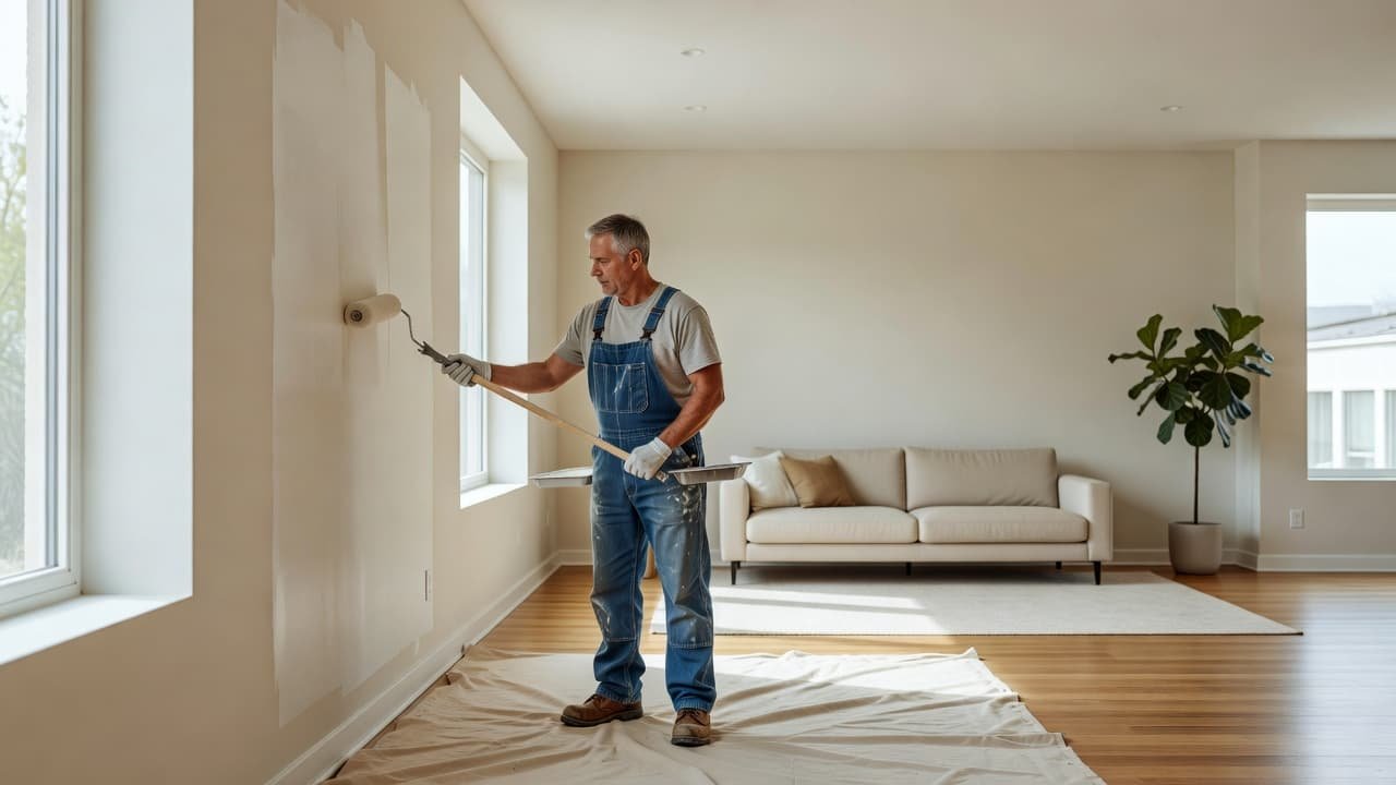 Maplewood Interior Painting Cost in 2026 2 A focused painter dressed in protective workwear stands on a canvas drop cloth while using a roller to apply smooth white paint to a pristine, bright living room wall surface.