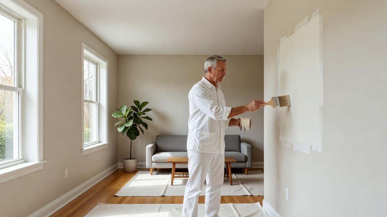 Interior Painting Cost in Oakdale for 2026 2 A skilled painter in a crisp uniform uses a brush to apply white paint to a residential wall. Soft natural light illuminates the tidy room and the painter's precise technique.