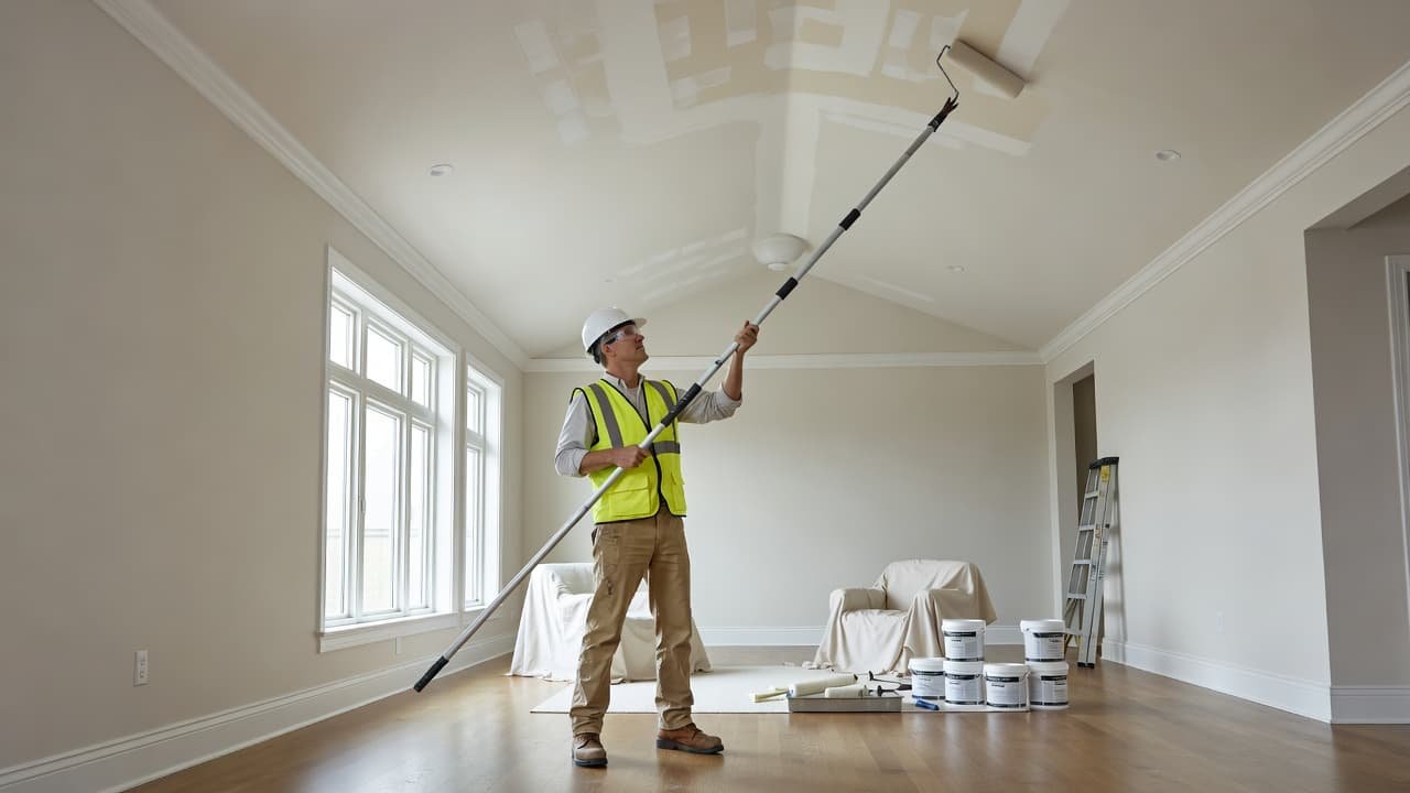 How Ceiling Height Changes Interior Painting Cost in Minneapolis 2 A focused painter wearing protective gear uses a long extension pole with a paint roller to reach a vaulted residential ceiling. Bright daylight streams in, highlighting the professional equipment and technique.