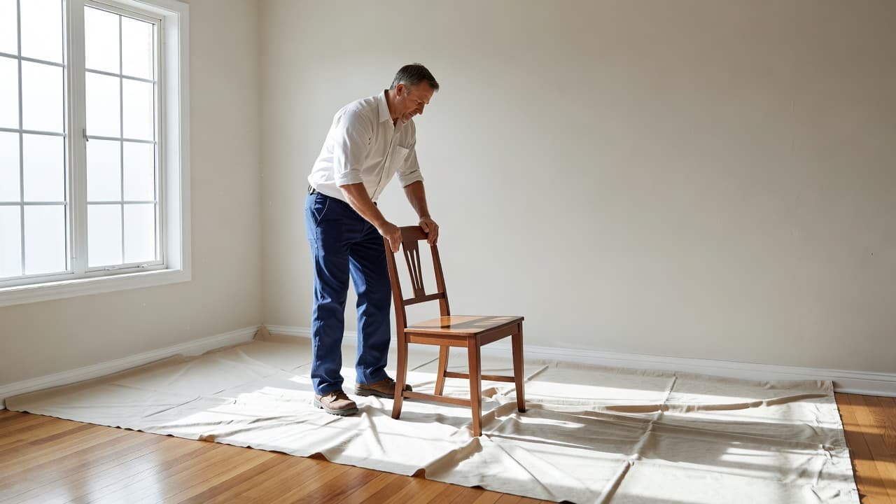 A professional painter wearing work clothes carefully slides a wooden chair across a canvas drop cloth. The scene highlights careful protection of hardwood floors inside a bright residential living room area.