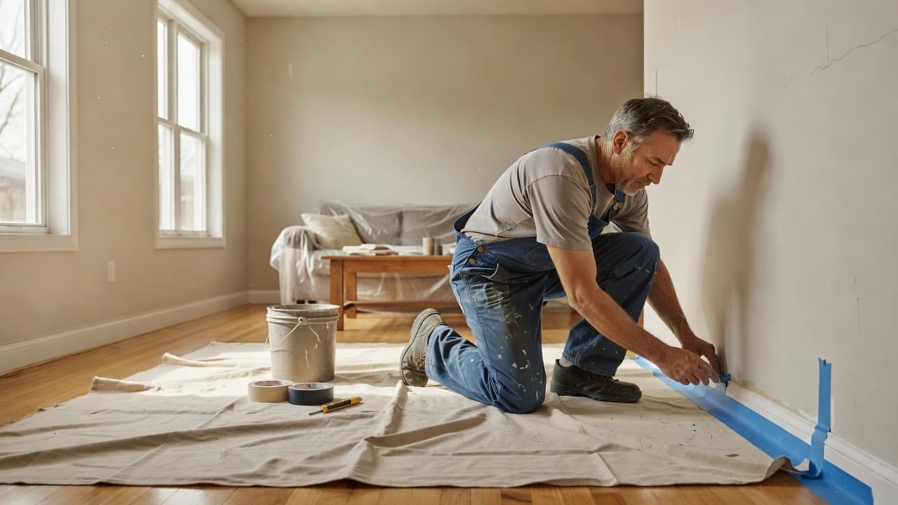 A focused painter meticulously applies masking tape to white door trim while a sturdy canvas drop cloth covers the hardwood floor. Soft natural light illuminates the clean residential living room space.