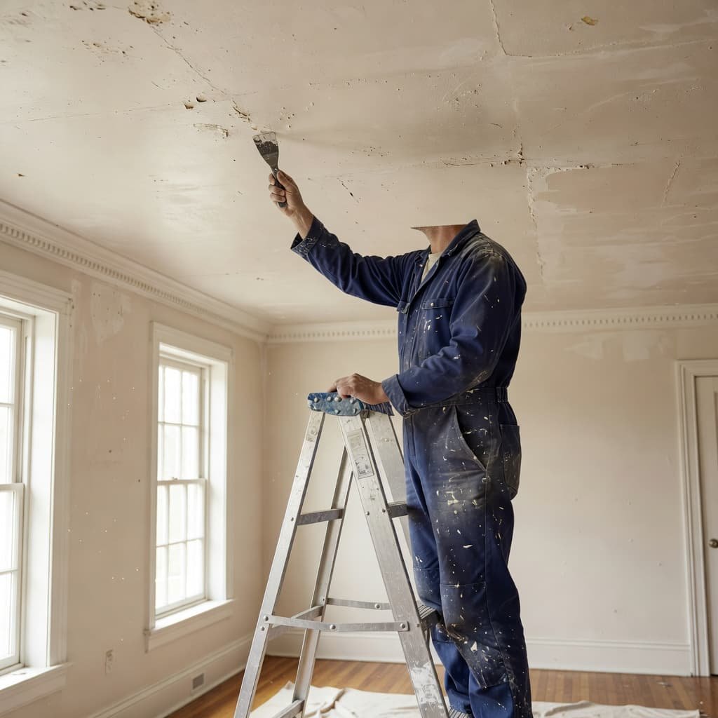 A professional painter standing on a tall wooden ladder carefully smooths a damaged plaster ceiling with a small putty knife. Bright daylight floods the classic Minneapolis living room interior through windows.