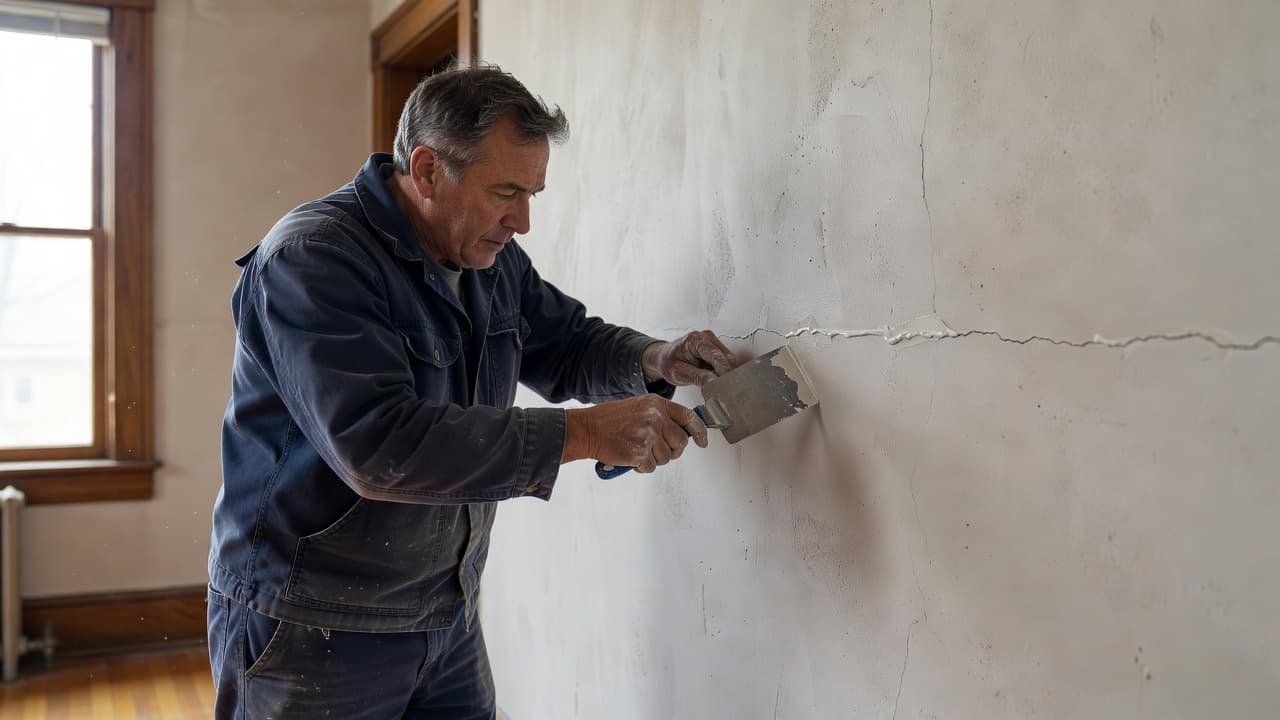 Best Interior Painters in Minneapolis for Plaster Walls 2 A skilled painter in work clothes uses a metal putty knife to smooth white filler into a crack on a plaster wall. Sunlight illuminates the dusty, detailed textures of the room.