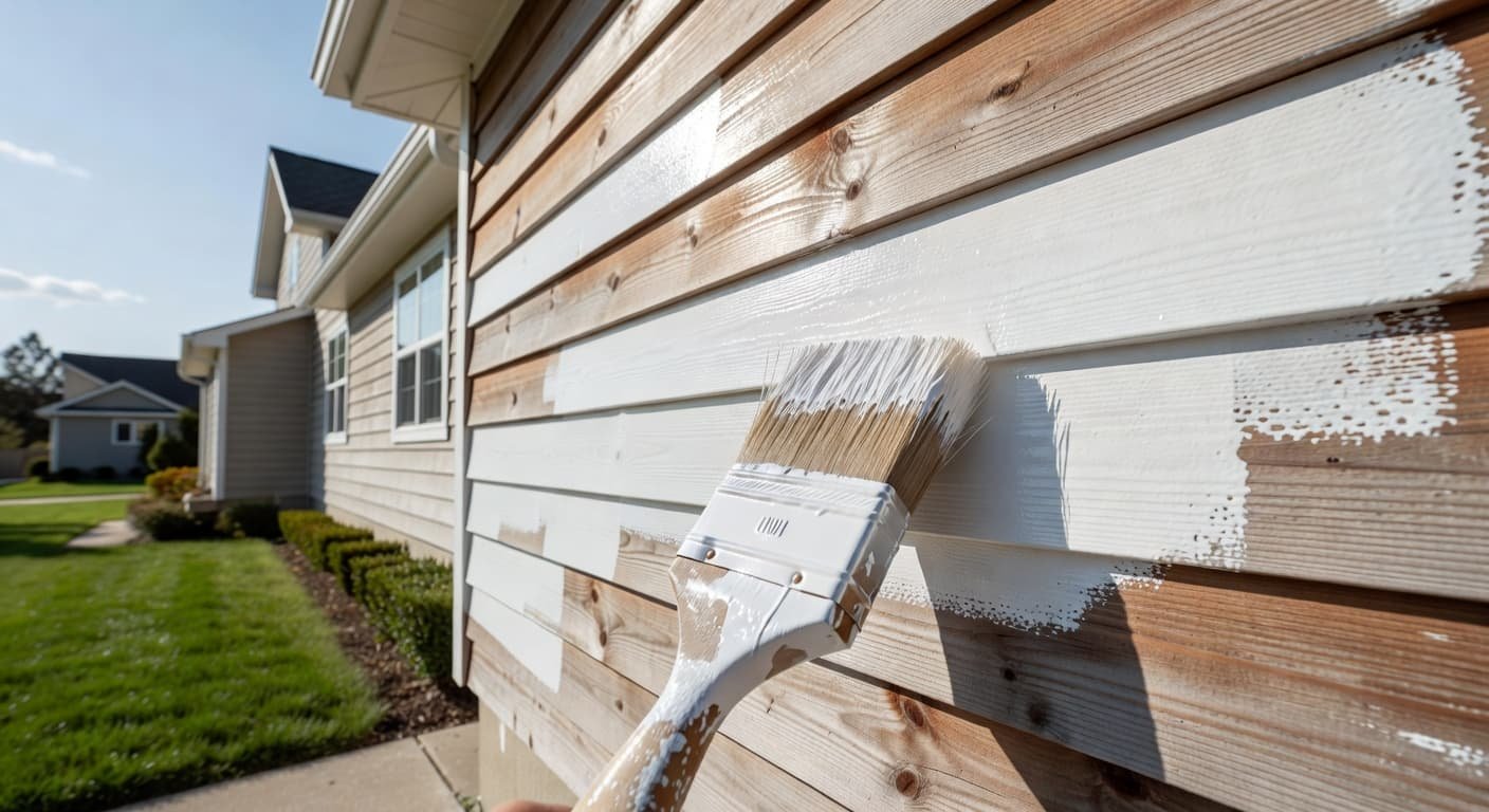 A focused shot shows a painter applying fresh coat of paint to wood siding with a bristle brush. The clean residential house exterior features clear textures under bright natural sunlight.