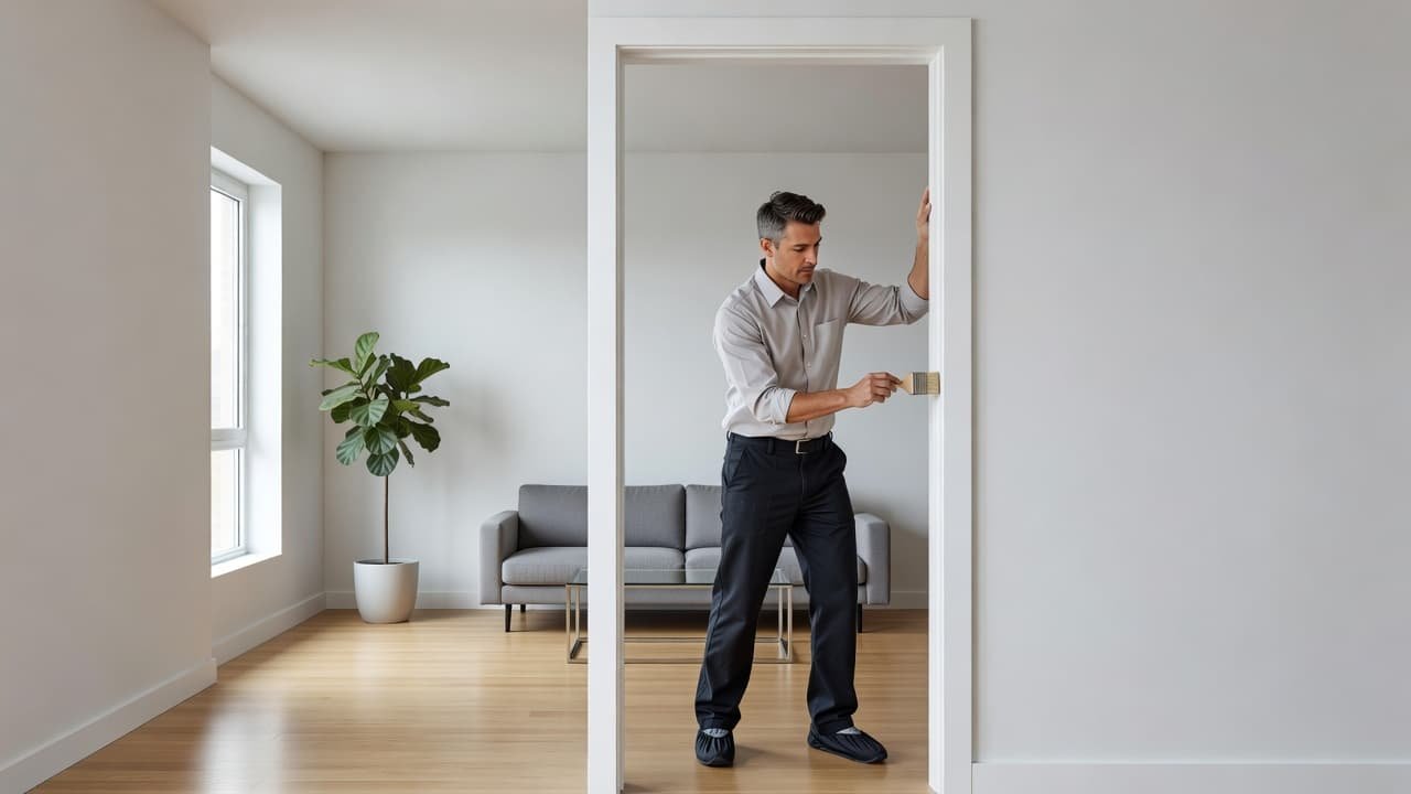 A focused painter wearing clean work attire meticulously uses a brush to paint trim near a white door frame inside a bright living room. Soft natural light illuminates the fresh workspace.